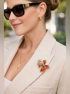GOLDFISH RHINESTONE BROOCH GOLD ORANGE SPARKLE STATEMENT PIN CUTE CHIC